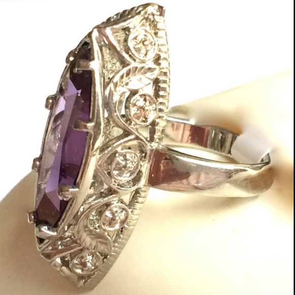 Silver Art Deco Amethyst Cocktail Ring Size 6 9 Rhodium Plated Filigree Vintage - Picture 6 of 8